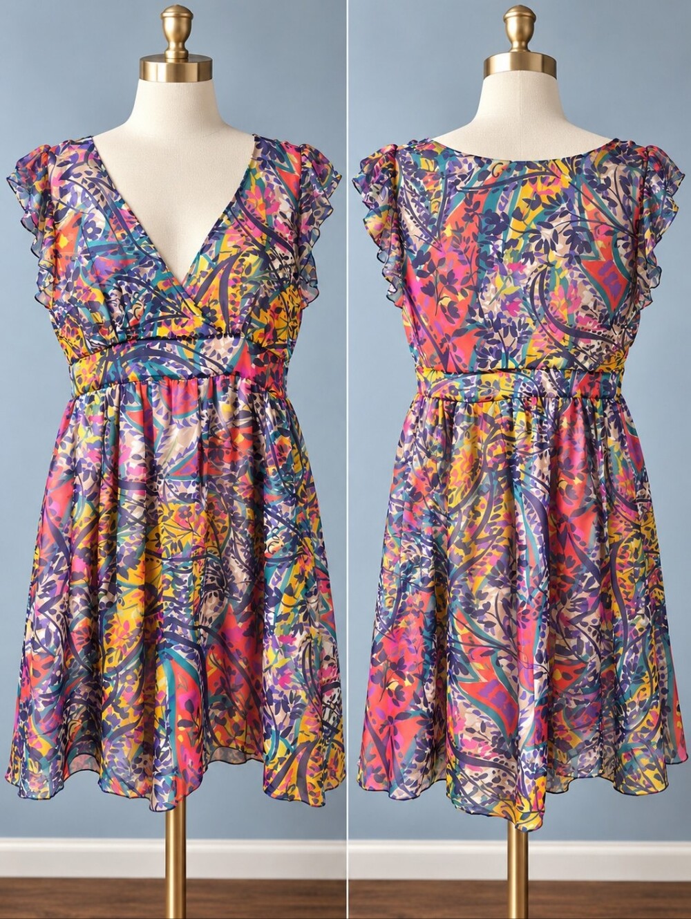 Halogen Nordstrom 100% Silk Multicolor Print Flutter Sleeve Dress XL